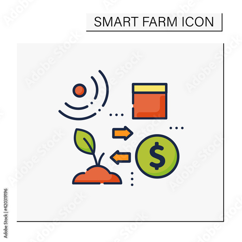 Commerce in agriculture color icon. Process of buying and selling products. Receiving money for products grown on the farm. Successful commerce concept. Isolated vector illustration