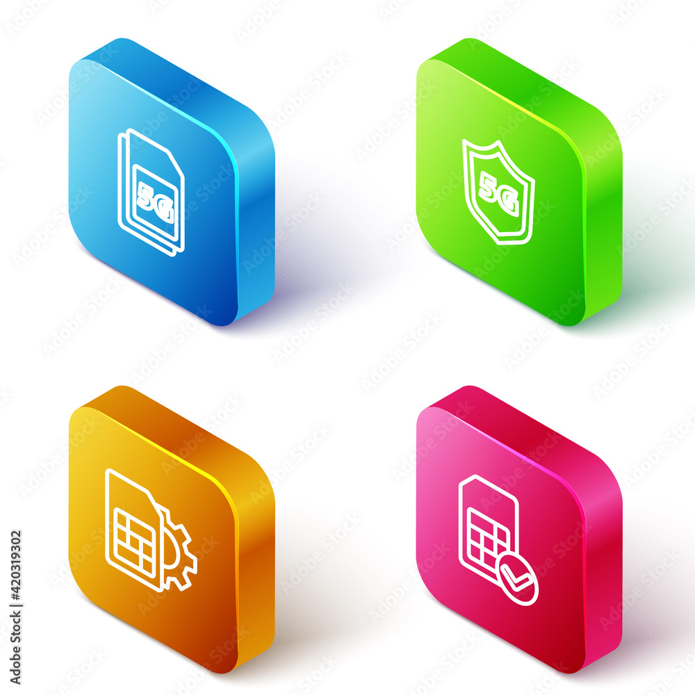 Set Isometric line 5G Sim Card, Protective shield, card setting and icon. Vector Set Isometric line 5G Sim Card, Protective shield, card setting and icon. Vector