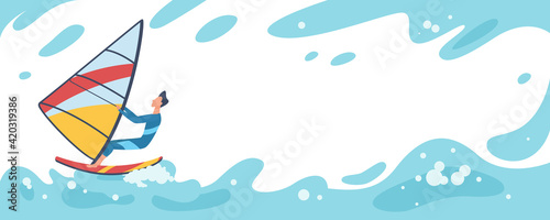 Summer travel vector illustration. Cartoon young sporty surfer man character riding on big blue sea or ocean surf waves, surfing beach paradise, extreme water sport banner, summertime background