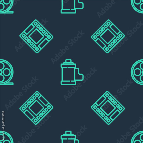 Set line Camera film roll cartridge, Play Video and Film reel on seamless pattern. Vector