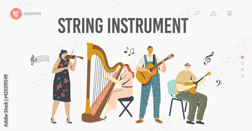 Characters Playing Music Landing Page Template. Musicians with Stringed Instruments Performing on Stage