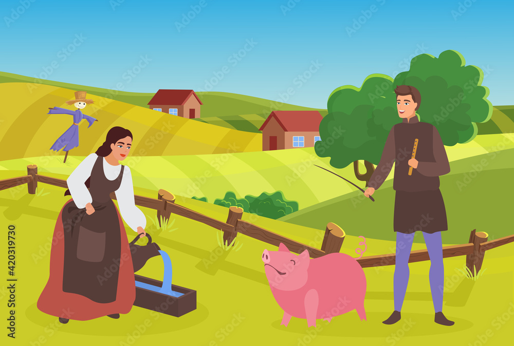 Medieval farmer family or couple people work in village vector illustration. Cartoon shepherd herdsman character grazing pig, peasant woman feeding domestic animal, happy villagers working background - obrazy, fototapety, plakaty 