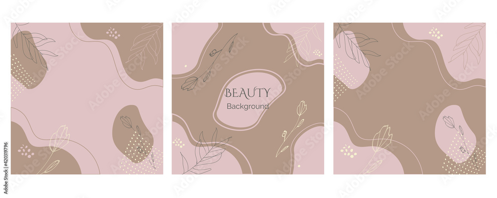Set of pink abstract background with beige shapes, branch, flower. Vector illustration