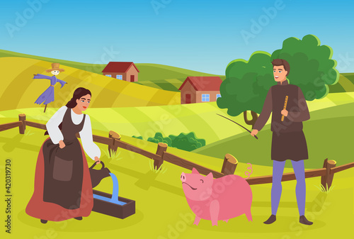 Medieval farmer family or couple people work in village vector illustration. Cartoon shepherd herdsman character grazing pig, peasant woman feeding domestic animal, happy villagers working background