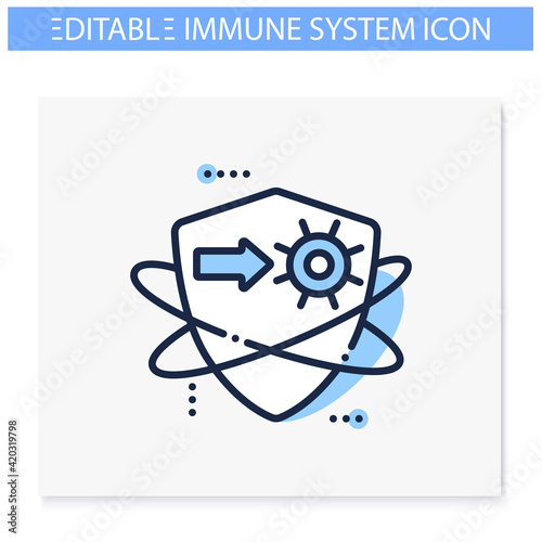 Virus fight line icon. Antiviral treatment. Immunity strengthening concept. Immunology. Body defence system. Health care, disease prevention. Isolated vector illustration. Editable stroke