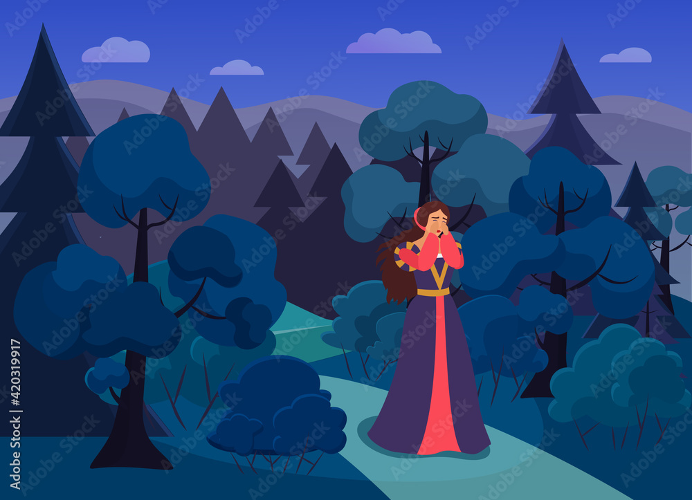 Princess in night scary forest woods vector illustration. Cartoon fairy tale  scenery with crying beautiful princess girl in rich medieval clothes,  waiting for knight savior, fairytale story background Stock Vector | Adobe