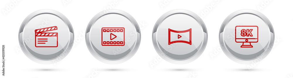 Set line Movie clapper, Play Video, Online play video and Monitor with 8k. Silver circle button. Vector Set line Movie clapper, Play Video, Online play video and Monitor with 8k. Silver circle button. Vector