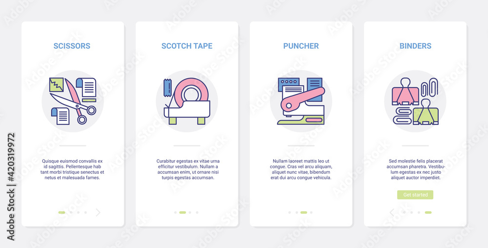 Business office supply for worker vector illustration. UI, UX onboarding mobile app page screen set with line stationery objects with scissors, scotch tape, office paper stapler, binders tools symbols