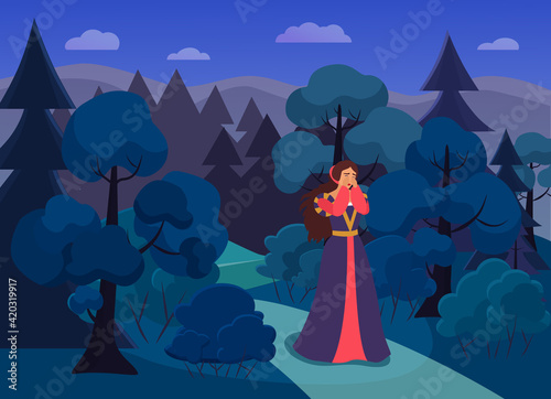 Princess in night scary forest woods vector illustration. Cartoon fairy tale scenery with crying beautiful princess girl in rich medieval clothes, waiting for knight savior, fairytale story background