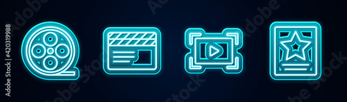 Set line Film reel, Movie clapper, Online play video and Hollywood walk of fame star. Glowing neon icon. Vector
