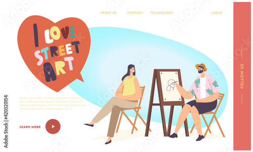 Painter Creative Hobby Landing Page Template. Street Artist Character Painting Portrait of Girl Sitting Front of Easel