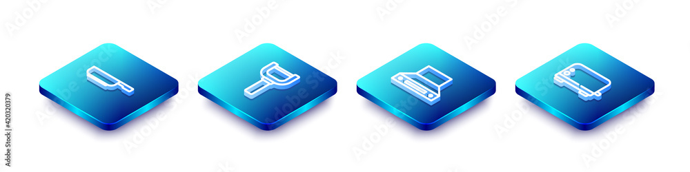 Set Isometric line Frying pan, Peeler, Kitchen extractor fan and Toaster icon. Vector Set Isometric line Frying pan, Peeler, Kitchen extractor fan and Toaster icon. Vector