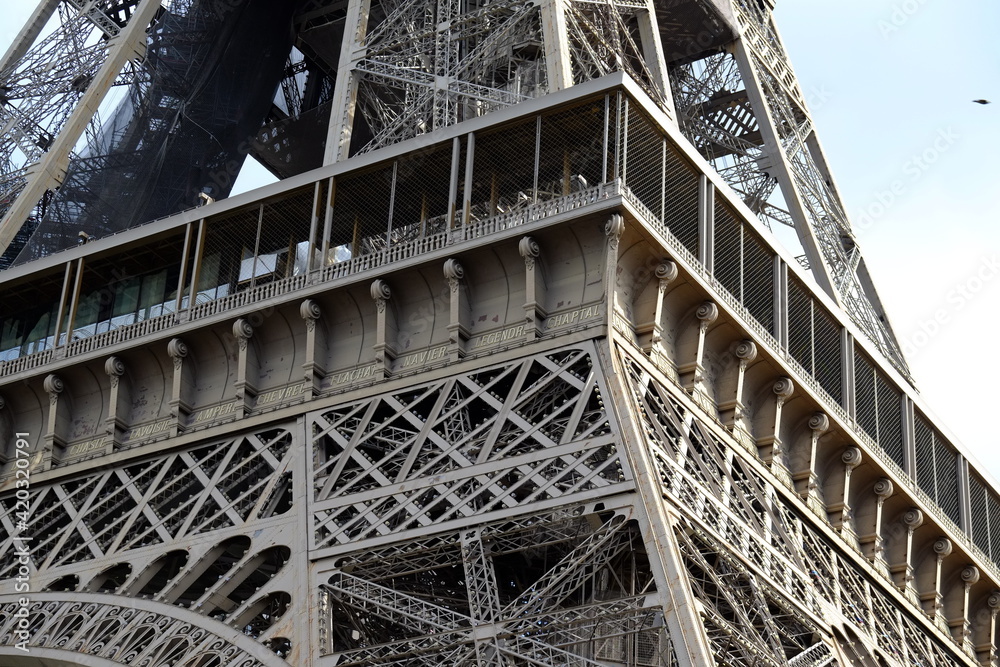 A close up on the Eiffel Tower during a sunny day during its renovation (stripping and painting). Paris the 14th march 2021