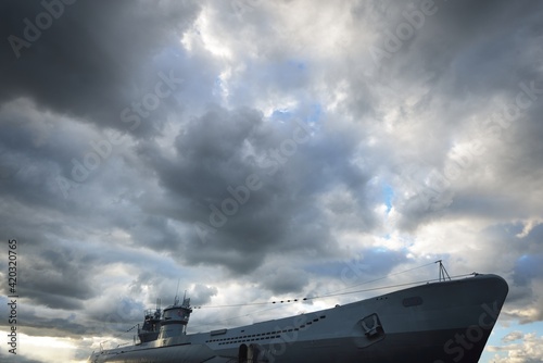 German submarine U-995. Dramatic sky, storm clouds. Museum ship, Laboe Naval Memorial. Germany. Panoramic view. Travel destinations, landmarks, sightseeing, history, past, war, WW2, nautical vessel