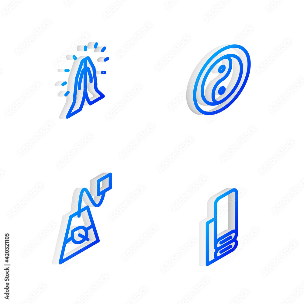 Set Isometric line Yin Yang, Hands praying position, Tea bag and Indian textile fabric icon. Vector Set Isometric line Yin Yang, Hands praying position, Tea bag and Indian textile fabric icon. Vector