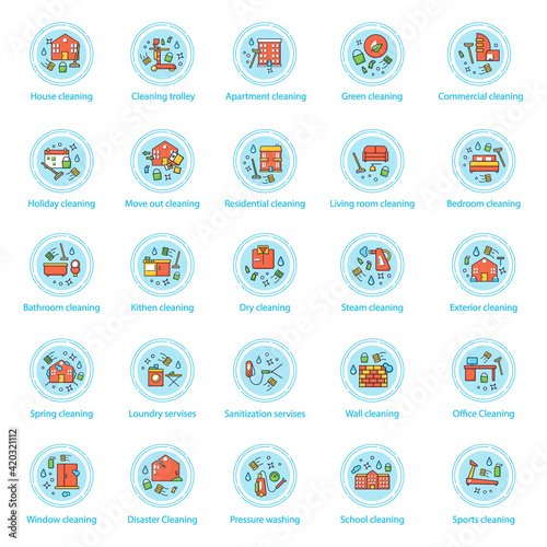 Cleaning services concept icons set.Consists of house cleaning, apartments, commercial, services, pressure washing, sanitizing service.Vector isolated conception metaphor illustrations