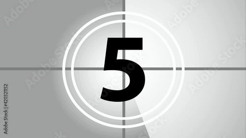 Modern countdown film leader, video. Clock from 10 to 0. Old Filmstrip. Effect of old film rolling with details, scratches, markers and grain. Movie
