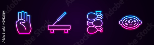 Set line Indian symbol hand, Scented spa stick, Tandoori chicken and Kheer in bowl. Glowing neon icon. Vector