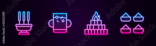 Set line Incense sticks, Cup of tea and leaf, Yagna and Indian spice. Glowing neon icon. Vector