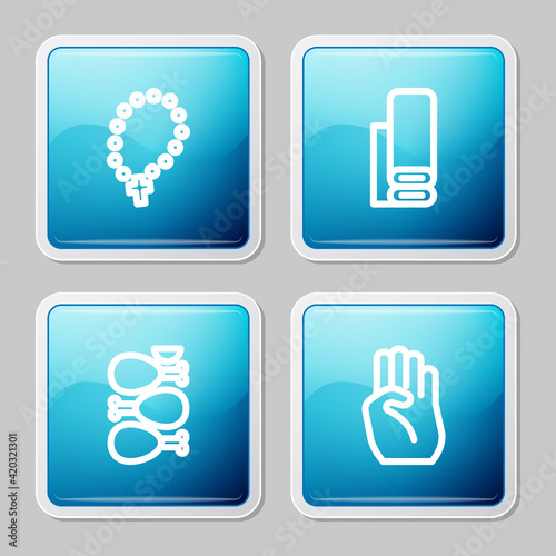 Set line Rosary beads religion, Indian textile fabric, Tandoori chicken and symbol hand icon. Vector