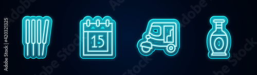 Set line Aroma sticks, incense, Independence day India, Taxi tuk tuk and Indian vase. Glowing neon icon. Vector