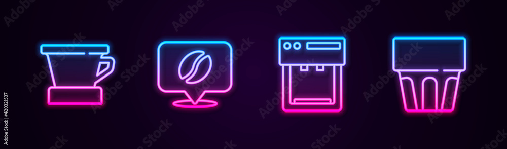 Set line V60 coffee maker, Location with bean, Coffee machine and Glass water. Glowing neon icon. Vector Set line V60 coffee maker, Location with bean, Coffee machine and Glass water. Glowing neon icon. Vector