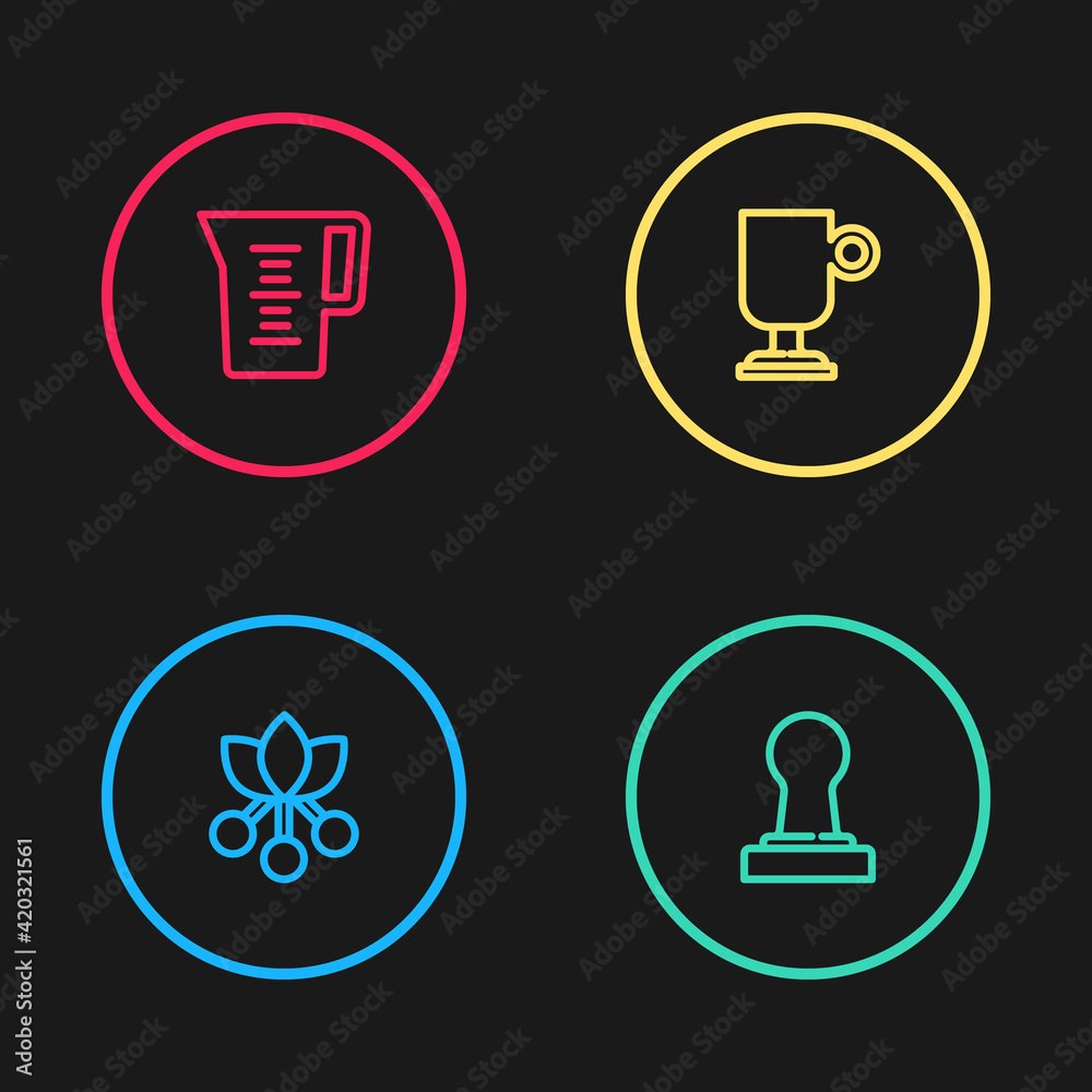 Set line Coffee bean, branch, tamper, Irish coffee and Jug glass with water icon. Vector Set line Coffee bean, branch, tamper, Irish coffee and Jug glass with water icon. Vector