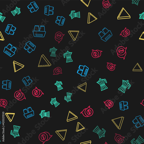 Set line Coffee cup to go, moca pot, paper filter and and conversation on seamless pattern. Vector