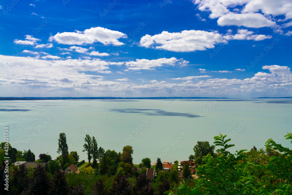 Panorama of lake Balaton at Balatonakarattya in summer