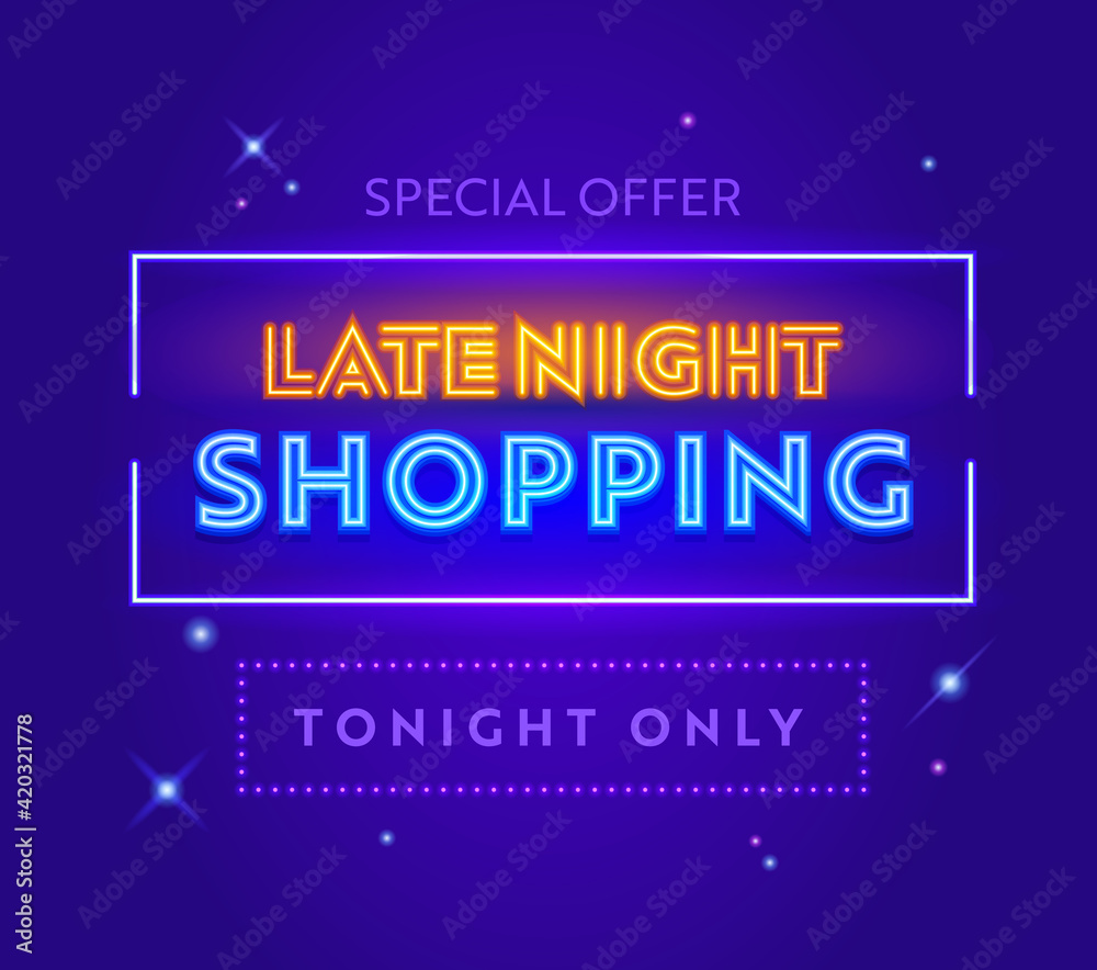 Late Night Sale, Special Offer Advertising Banner with Typography on Blue Background with Stars. Design for Discount