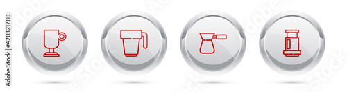 Set line Irish coffee, Coffee cup, turk and Aeropress. Silver circle button. Vector