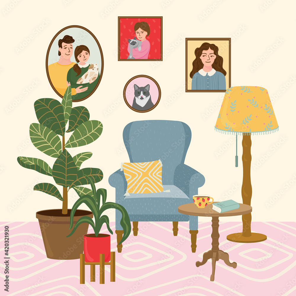 Cozy retro living room vector flat cartoon illustration. Colorfool background for concept design. Furniture: sofa, table, lamp, carpet, potted flowers, picture and decor accessories. Cozy retro living room vector flat cartoon illustration. Colorfool background for concept design. Furniture: sofa, table, lamp, carpet, potted flowers, picture and decor accessories.