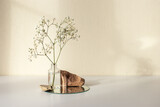 One branch of a white gypsophila flower standing on a bottle and on a round mirror