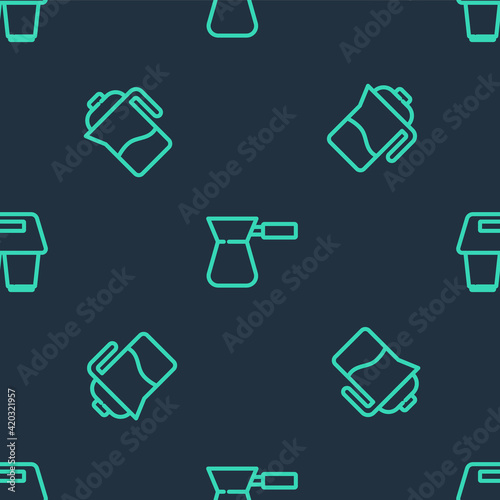 Set line Coffee turk, French press and cup to go on seamless pattern. Vector