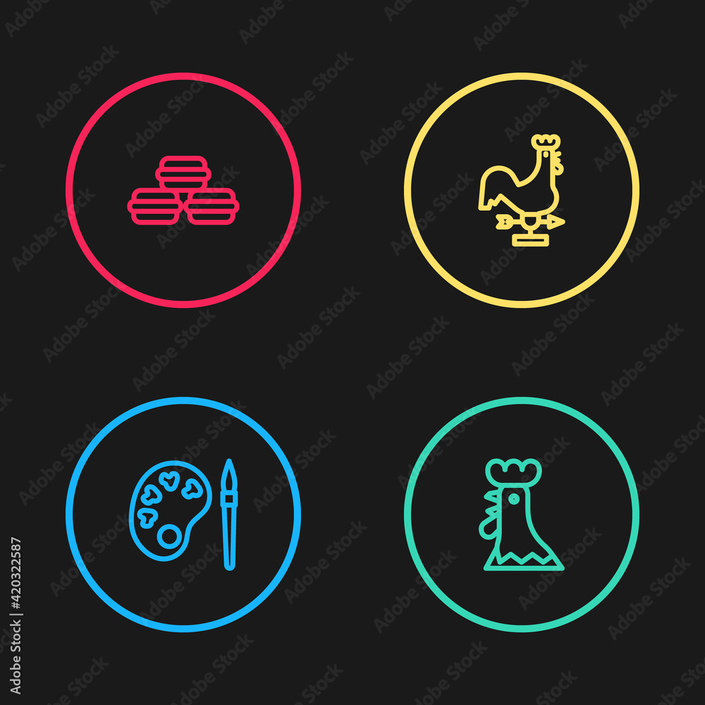 Set line Paint brush with palette, French rooster, Rooster weather vane and Macaron cookie icon. Vector Set line Paint brush with palette, French rooster, Rooster weather vane and Macaron cookie icon. Vector