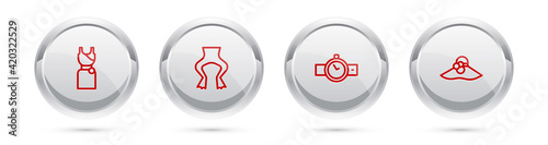 Set line Woman dress, Frog legs, Wrist watch and Elegant women hat. Silver circle button. Vector