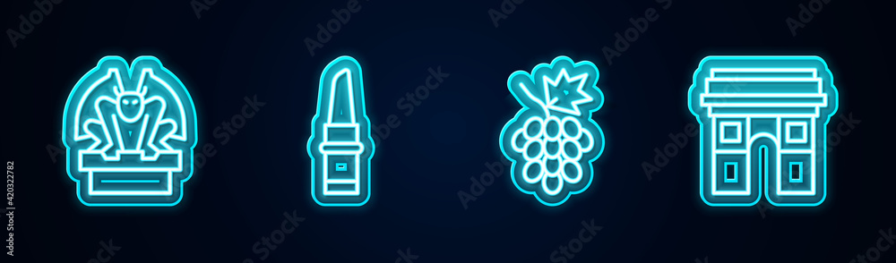 Set line Gargoyle on pedestal, Lipstick, Grape fruit and Triumphal Arch. Glowing neon icon. Vector Set line Gargoyle on pedestal, Lipstick, Grape fruit and Triumphal Arch. Glowing neon icon. Vector
