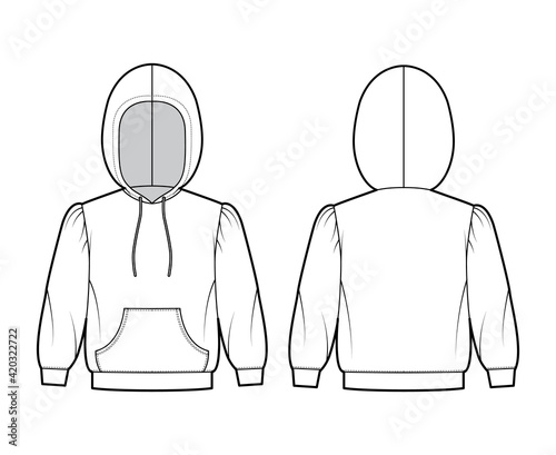 Hoody sweatshirt technical fashion illustration with elbow sleeves, relax body, kangaroo pouch, banded hem, drawstring. Flat apparel template front, back, white color. Women, men, unisex CAD mockup