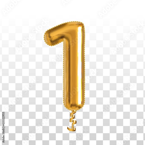 Vector realistic isolated golden balloon number of 1 for invitation decoration on the transparent background.