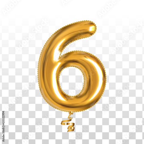 Vector realistic isolated golden balloon number of 6 for invitation decoration on the transparent background.