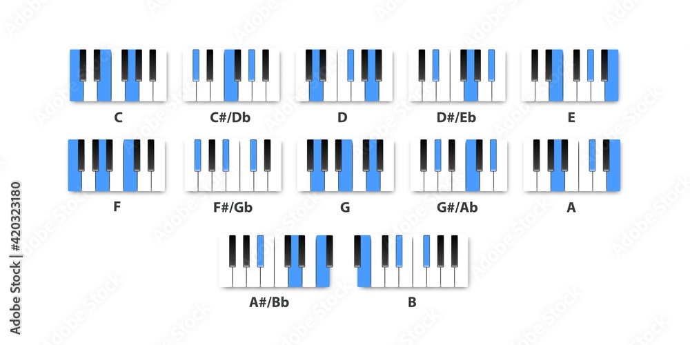 Vector realistic isolated piano Major chords for musical education on the white background. - obrazy, fototapety, plakaty 