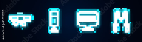 Set line Black karate belt, Punching bag, Fight club MMA and Jump rope. Glowing neon icon. Vector