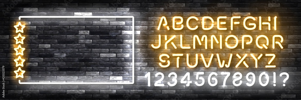 Vector realistic isolated neon sign of Five Stars frame with easy to change color font alphabet for decoration and covering on the wall background. Concept of luxury, premium and VIP. Vector realistic isolated neon sign of Five Stars frame with easy to change color font alphabet for decoration and covering on the wall background. Concept of luxury, premium and VIP.
