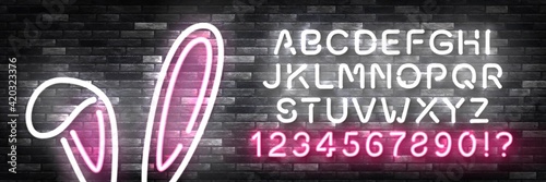 Vector realistic isolated neon sign of Bunny Ears with easy to change color font alphabet for template decoration and layout covering on the wall background. Concept of Happy Easter.