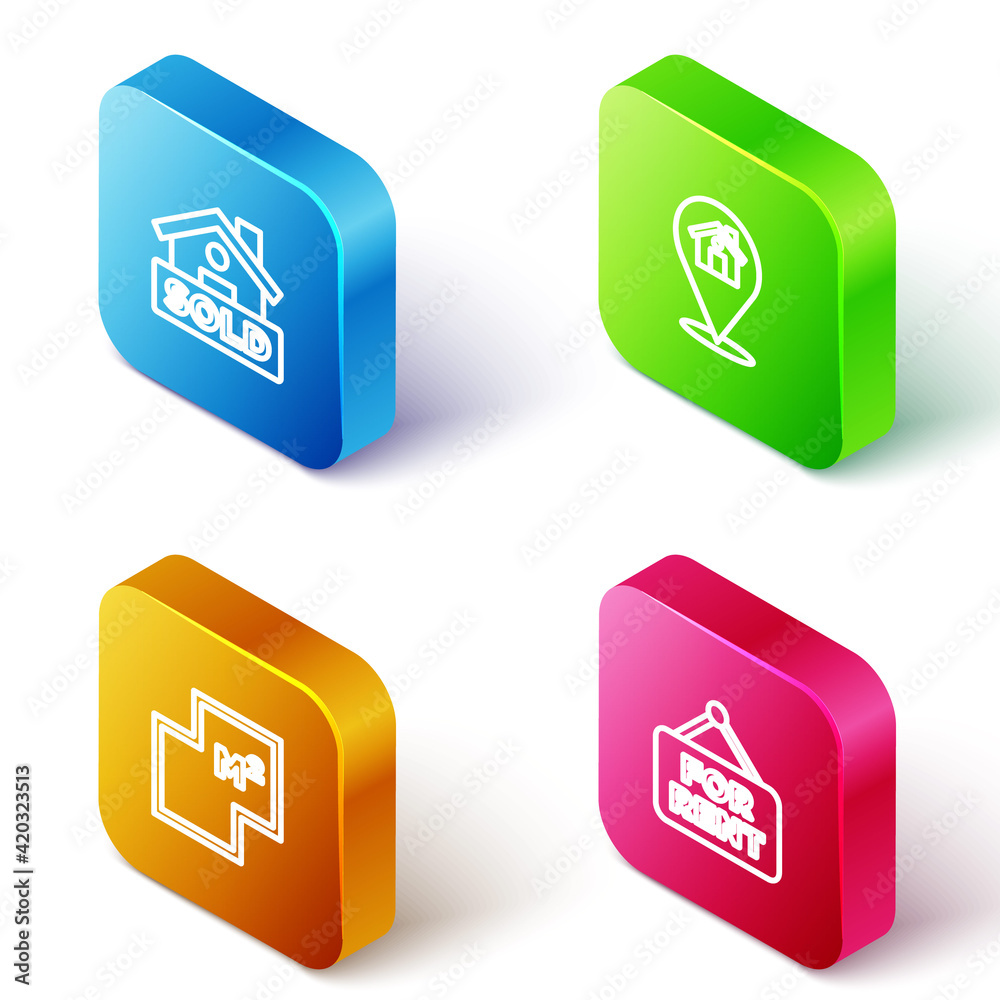 Set Isometric line Hanging sign with text Sold, Location house, House plan and For Rent icon. Vector Set Isometric line Hanging sign with text Sold, Location house, House plan and For Rent icon. Vector