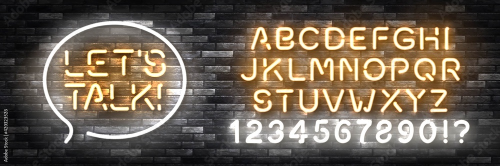 Vector realistic isolated neon sign of Let's Talk with easy to change color font alphabet for template decoration and invitation covering on the wall background. Vector realistic isolated neon sign of Let's Talk with easy to change color font alphabet for template decoration and invitation covering on the wall background.