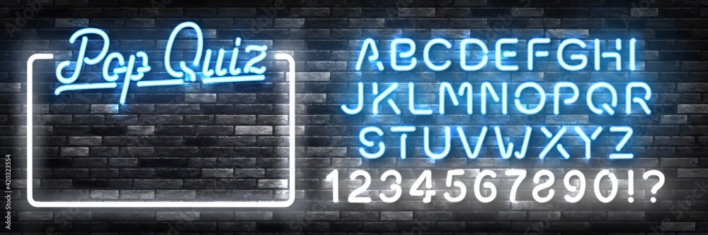 Vector set of realistic isolated neon sign of Pop Quiz frame with easy to change color font alphabet logo for template decoration and covering on the wall background. Concept of trivia night and quiz. Vector set of realistic isolated neon sign of Pop Quiz frame with easy to change color font alphabet logo for template decoration and covering on the wall background. Concept of trivia night and quiz.