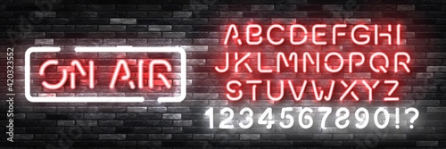 Vector realistic isolated neon sign of On Air with easy to change color font alphabet on the wall background. Concept of podcast and live streaming.