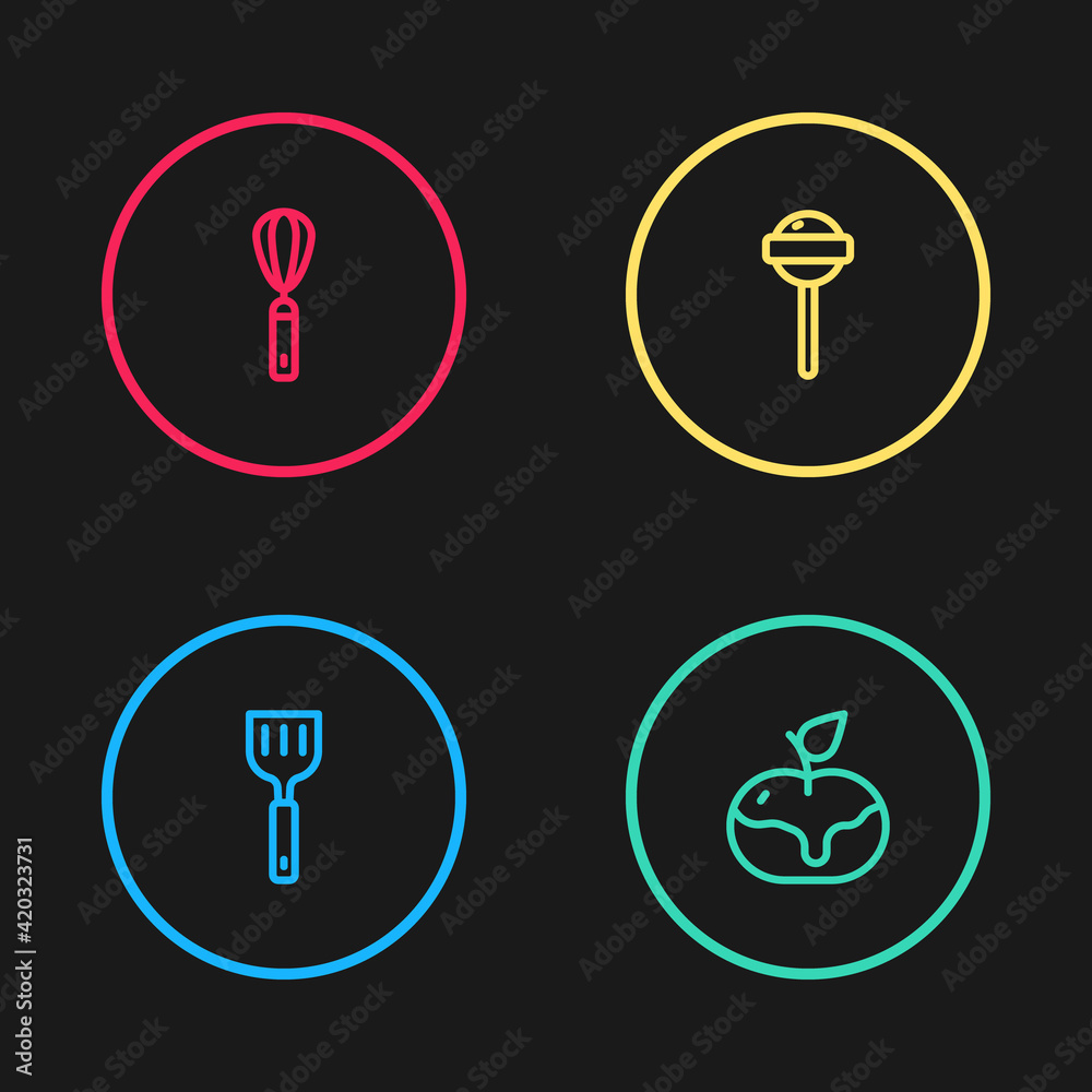 Set line Spatula, Apple in caramel, Lollipop and Kitchen whisk icon. Vector