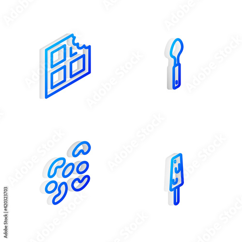 Set Isometric line Spoon, Chocolate bar, Jelly candy and Ice cream icon. Vector